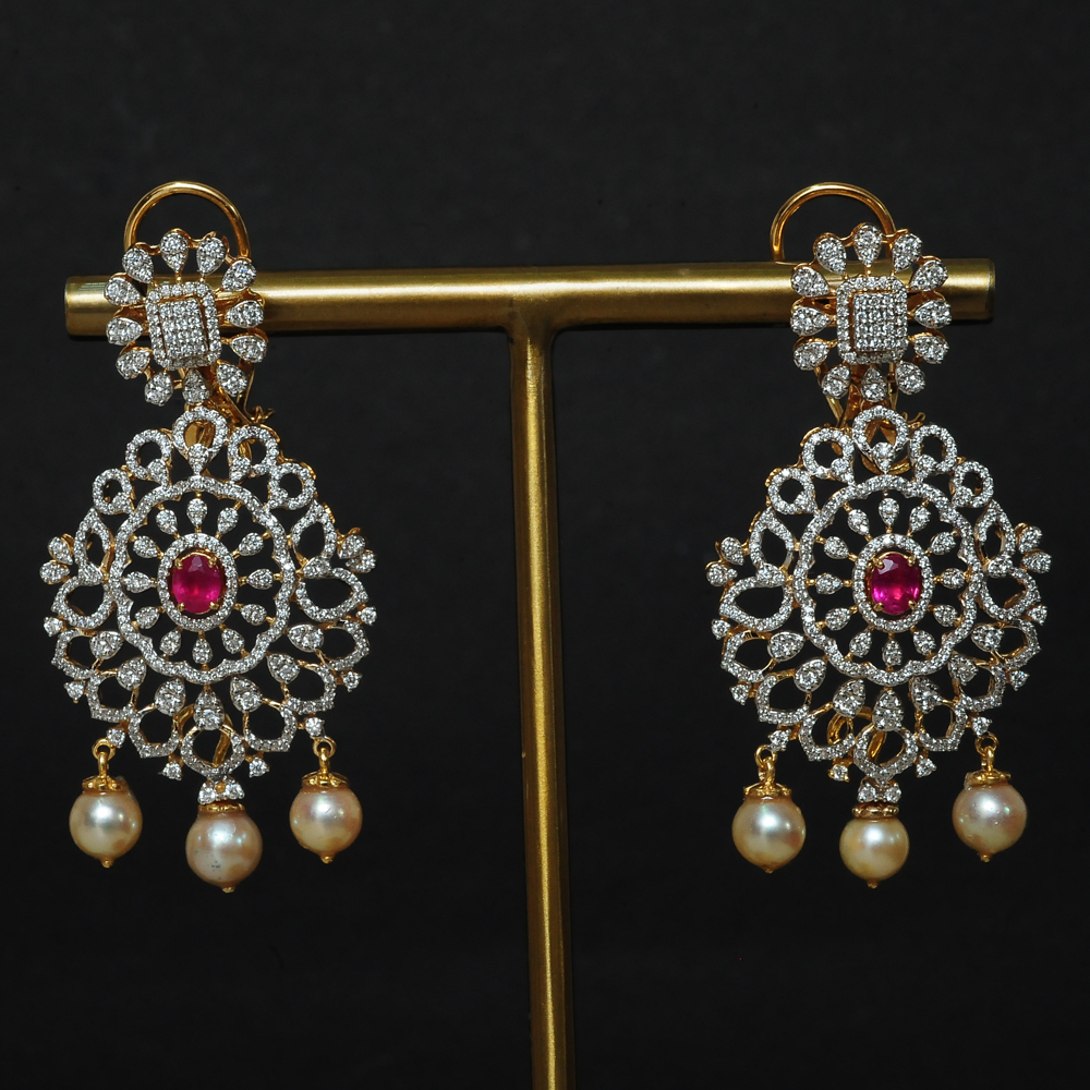 2-in-1 Diamond Earrings with changeable Natural Emeralds/Rubies and Pearl Drops