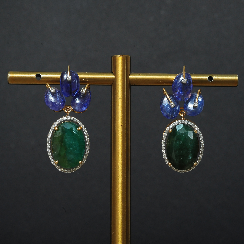 Diamond Earrings with Natural Blue Bead Sapphires and Emeralds