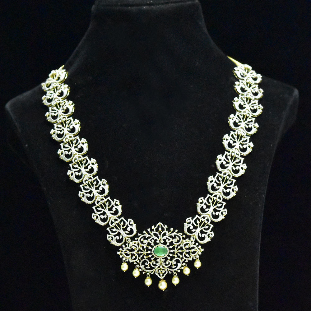 4 In 1 Diamond Necklace, Pendant and Vaddanam with  changeable Natural Emeralds/Rubies and Pearl Drops.