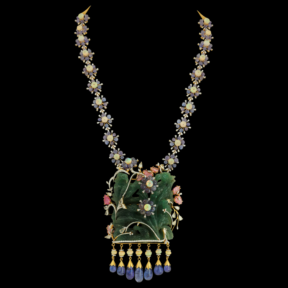 Natural Emerald, Tanzanite, Tourmaline, Turquoise, Opal and Diamond Haaram Necklace