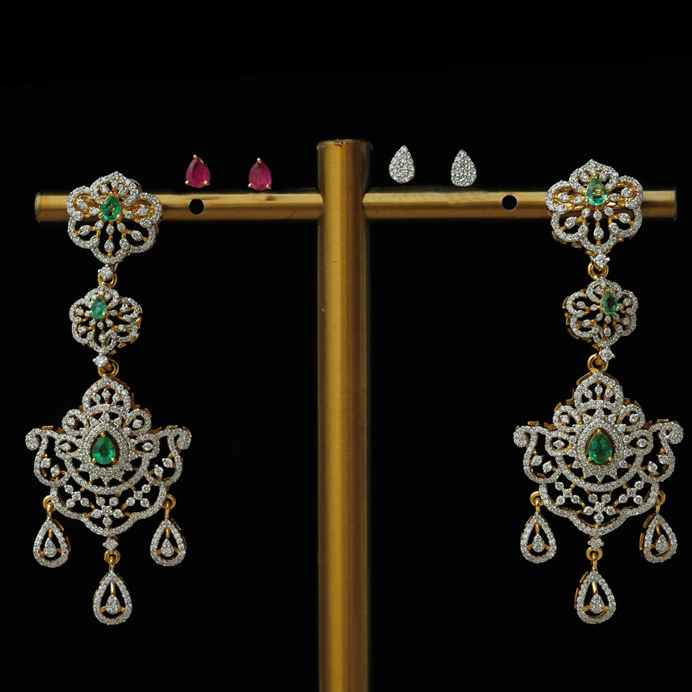 Bridal Diamond Long Earrings with changeble Natural Emeralds/Rubies