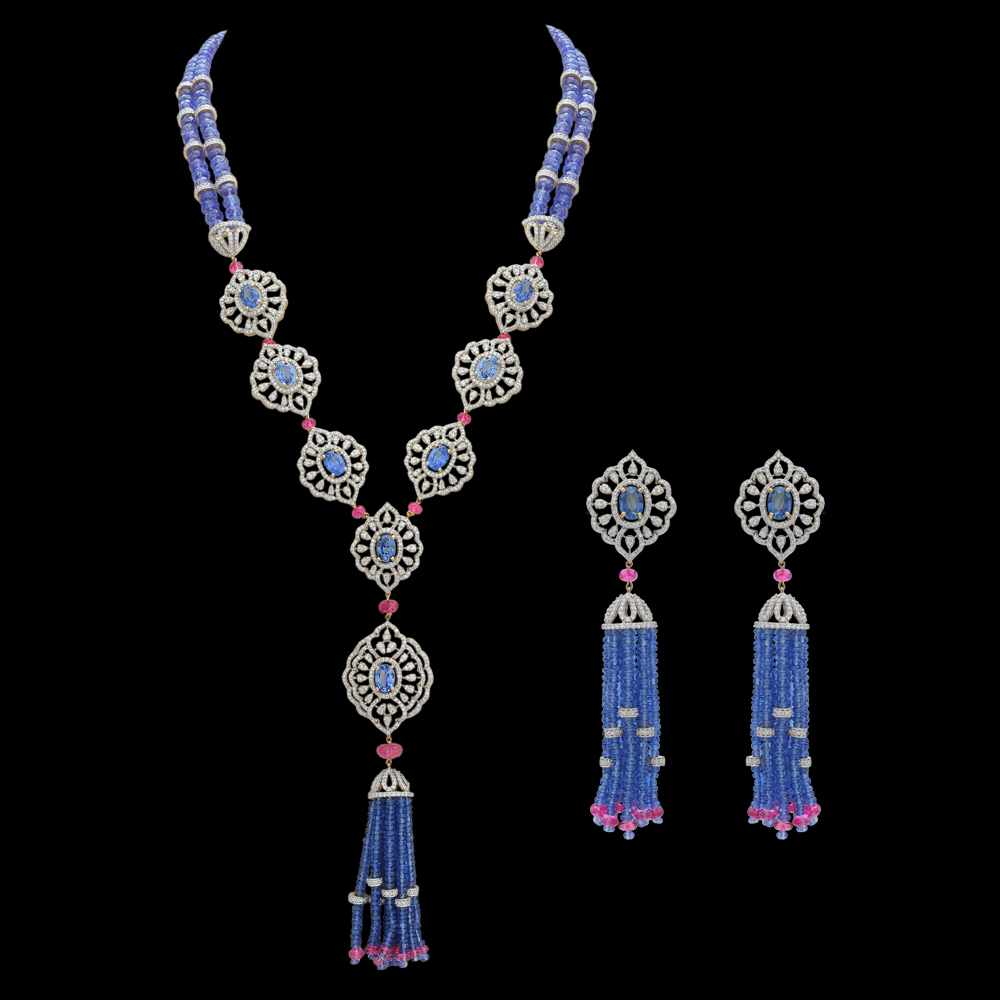 Blue Sapphire Diamond Necklace Earrings Set