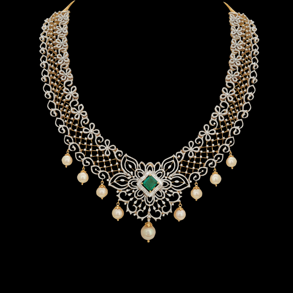 3-in-1 Natural Emerald/Ruby and Diamond Necklace and Pendant with Pearl Drops