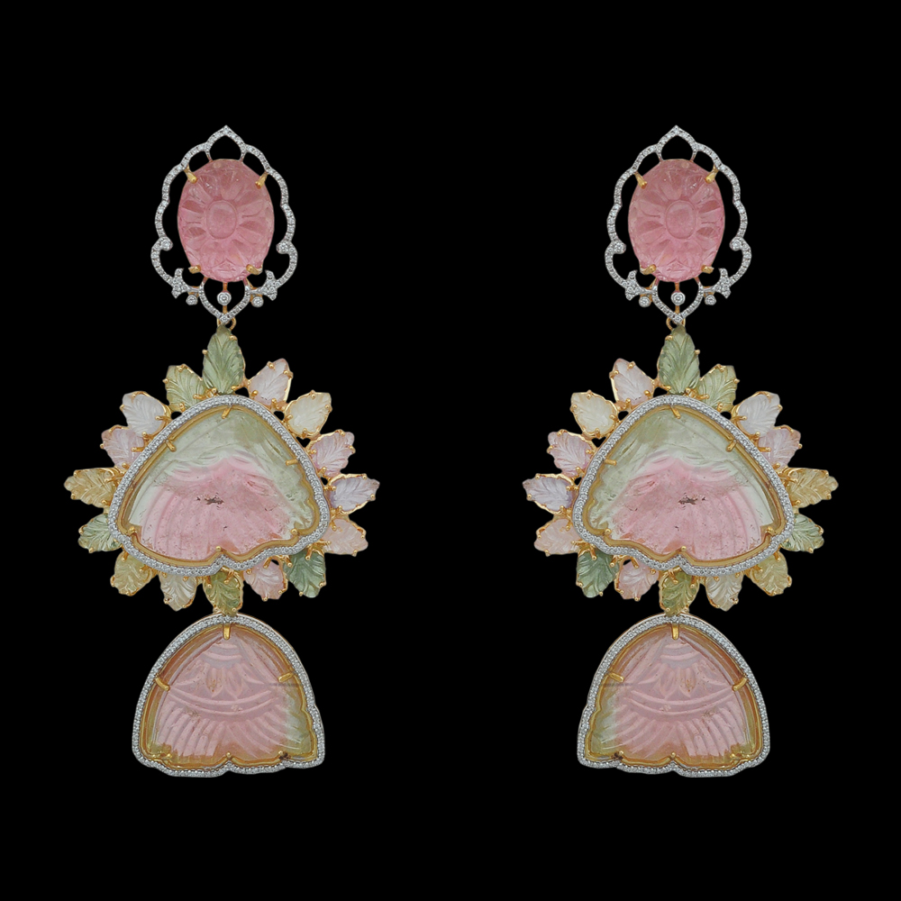 Diamond Earrings with Natural Carved Tourmaline and Sapphires
