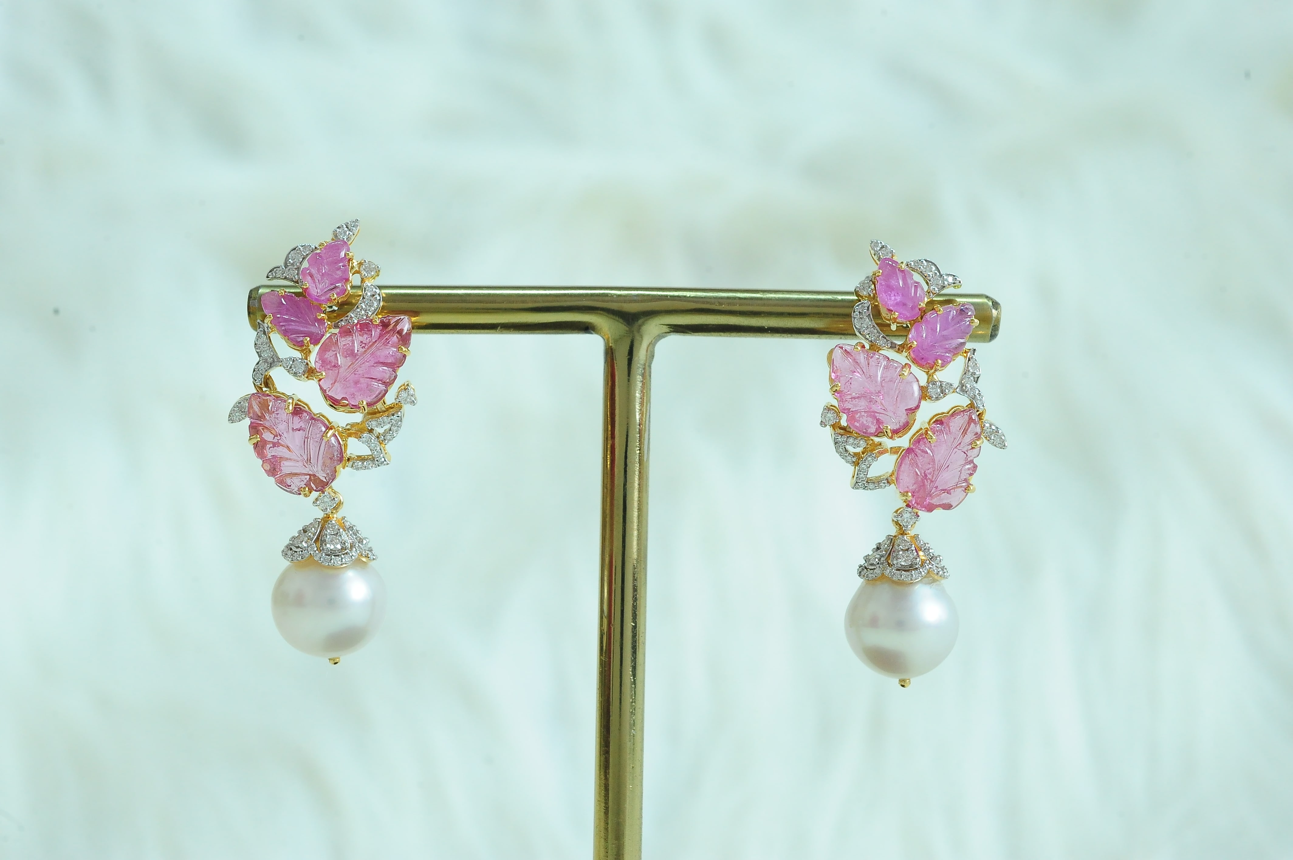Leaf Design Diamond Earrings with Natural Tourmaline and Pearl Drops