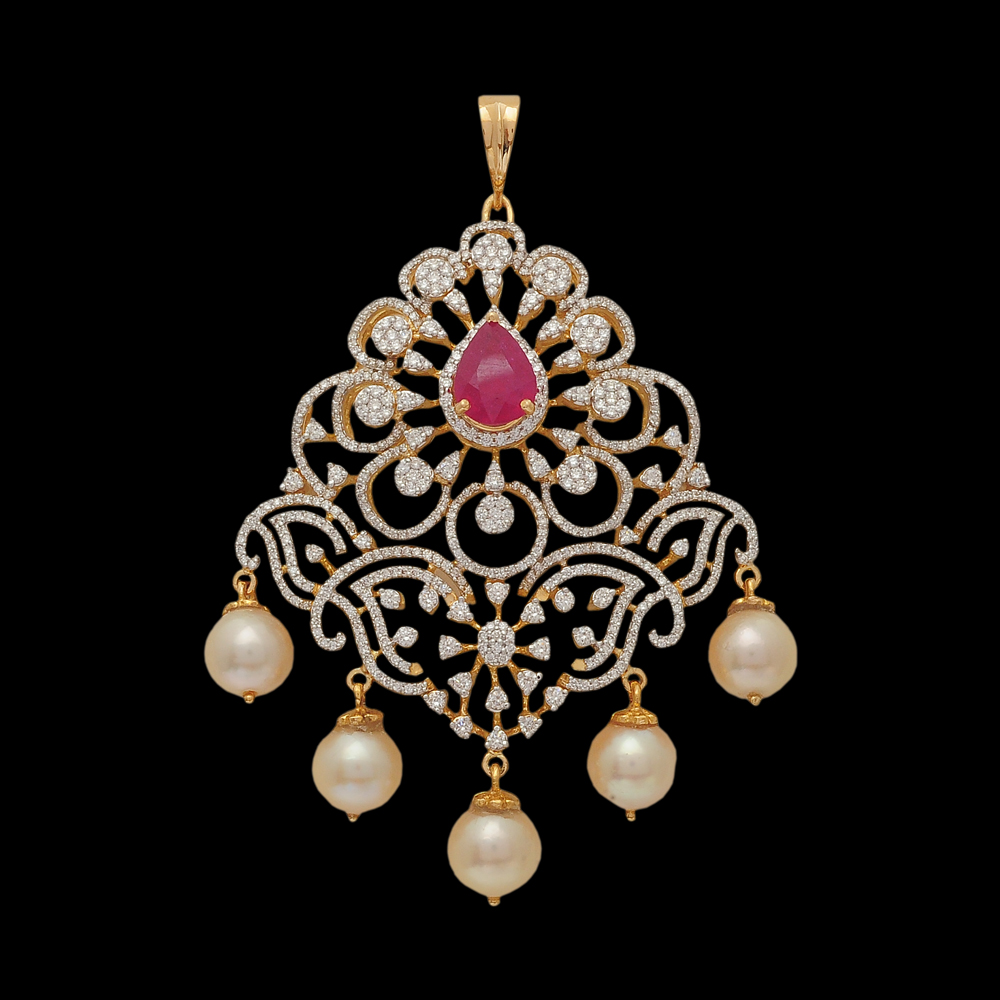 4-in-1 Natural Ruby/Emerald and Diamond Necklace and Pendant with Pearl Drops
