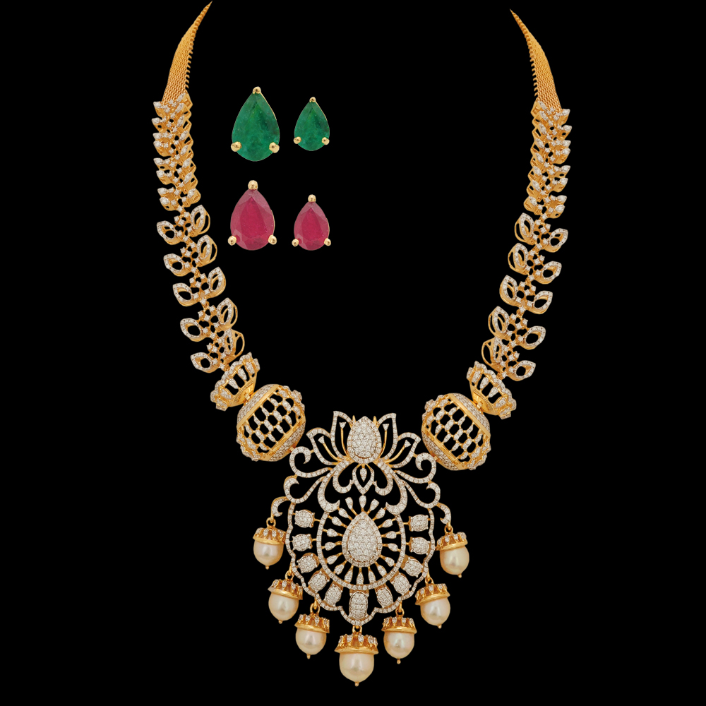 Diamond Haaram with Interchangeable Emeralds & Rubies & Detachable Pearl Drops