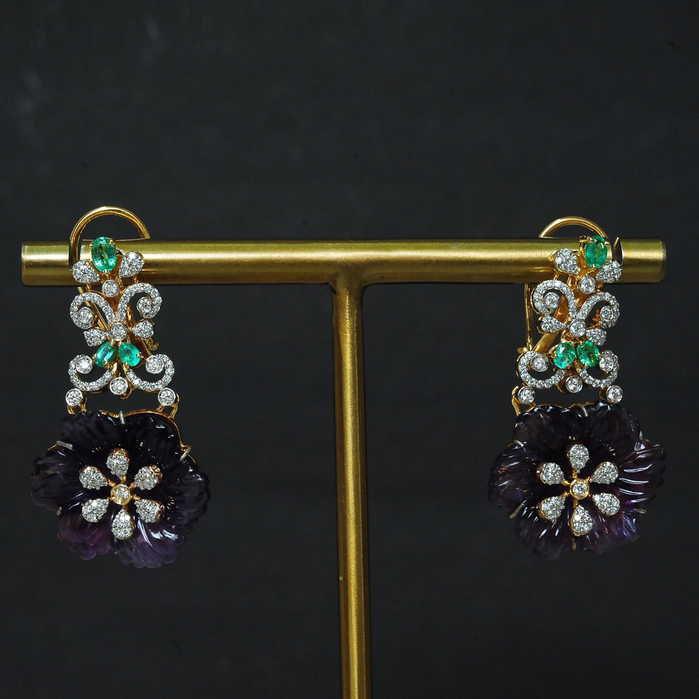 Floral Design Diamond Earrings with Natural Emeralds and Amethyst