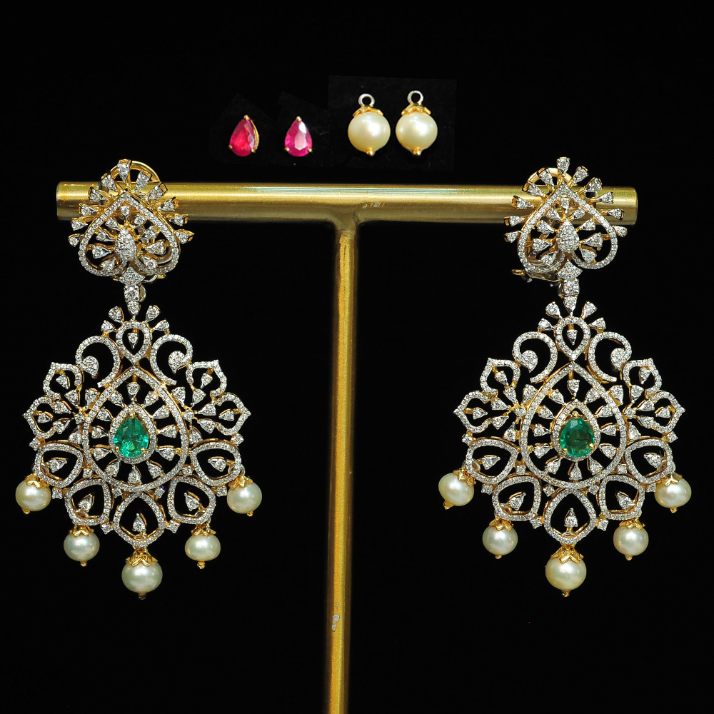 2 In 1 Bridal Diamond Earrings with changeable Natural Emerald/Rubies and Pearl Drops.