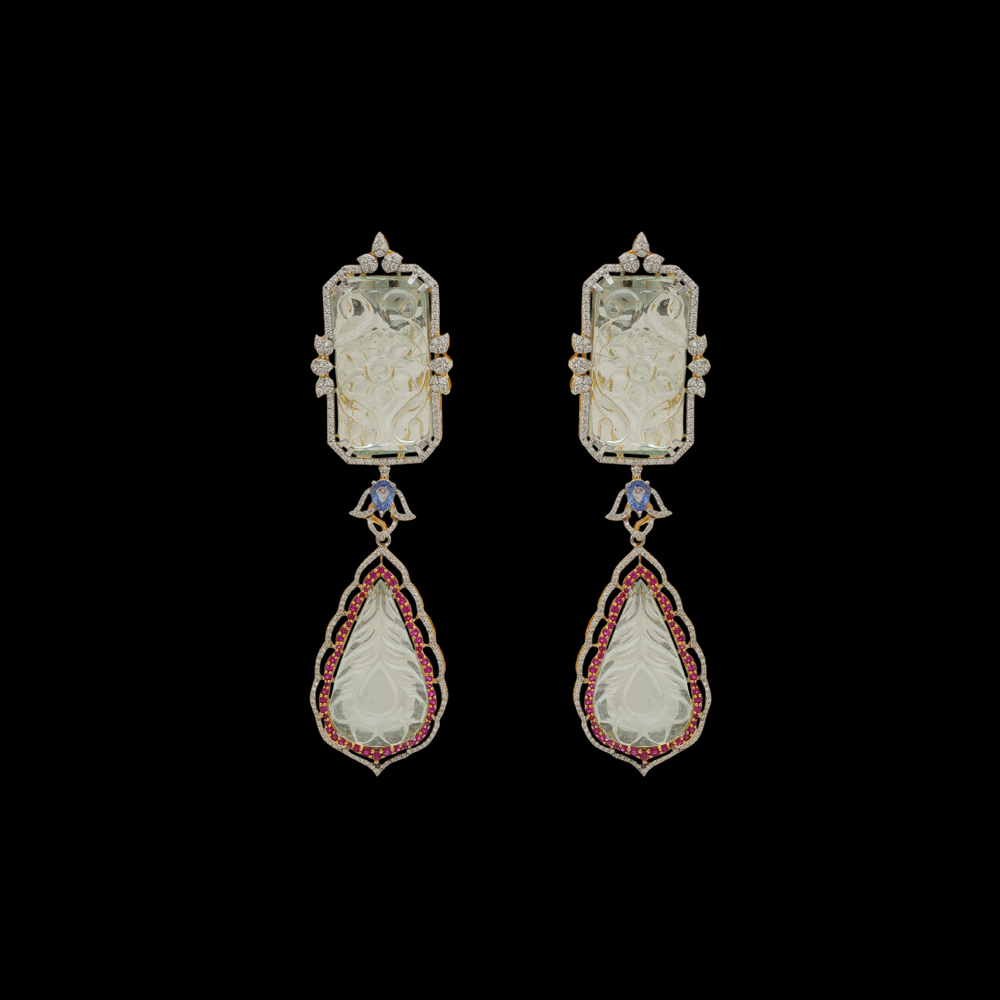 Natural Carved Aquamarine, Sapphire, Ruby and Diamond Earrings