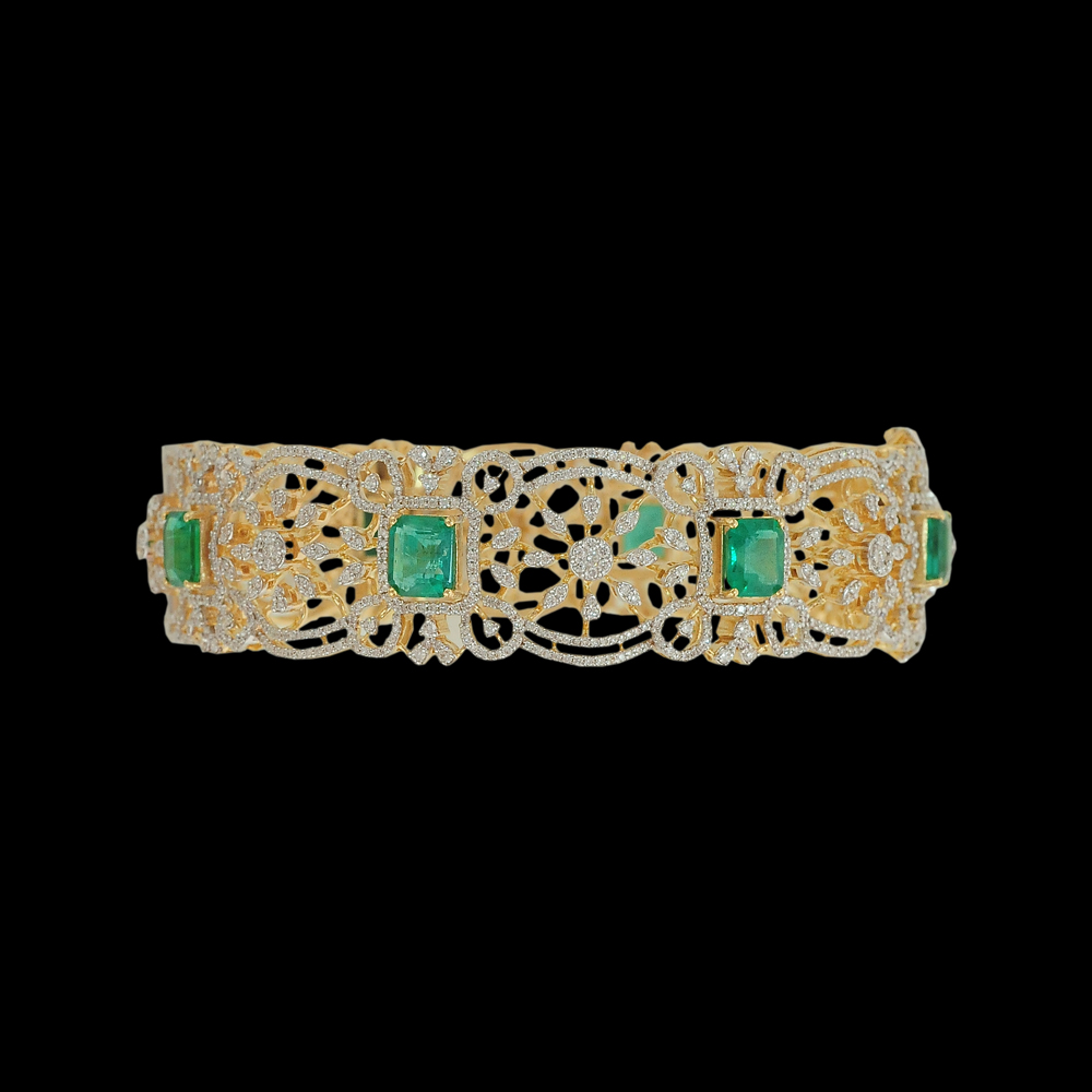 Natural Carved Emerald and Diamond Openable Bracelet