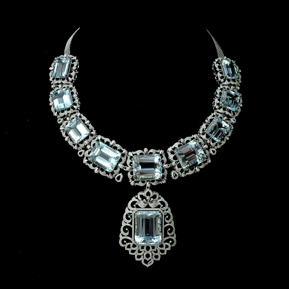 Diamond Necklace with Aquamarines