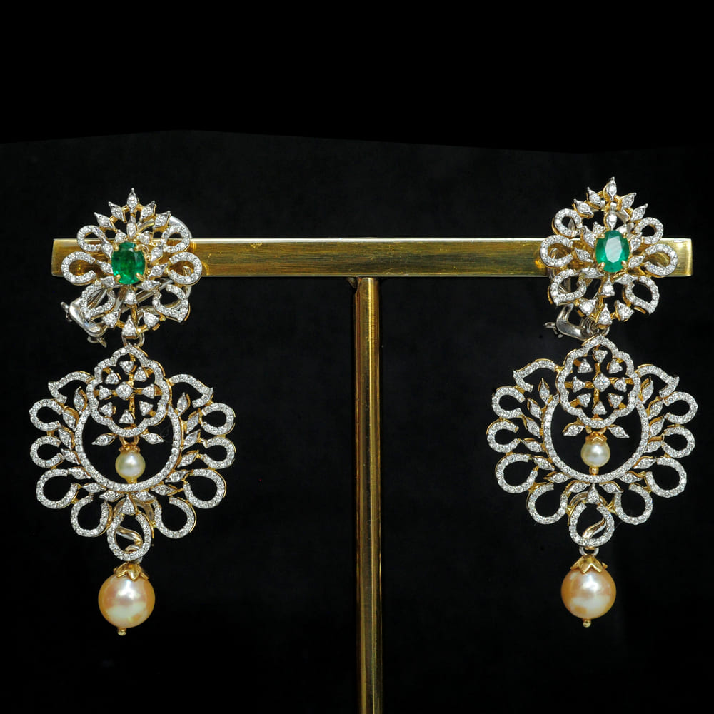 4 In 1 Diamond Earrings with changeable Natural Emeralds/Rubies/Blue Sapphires and Pearl Drops.