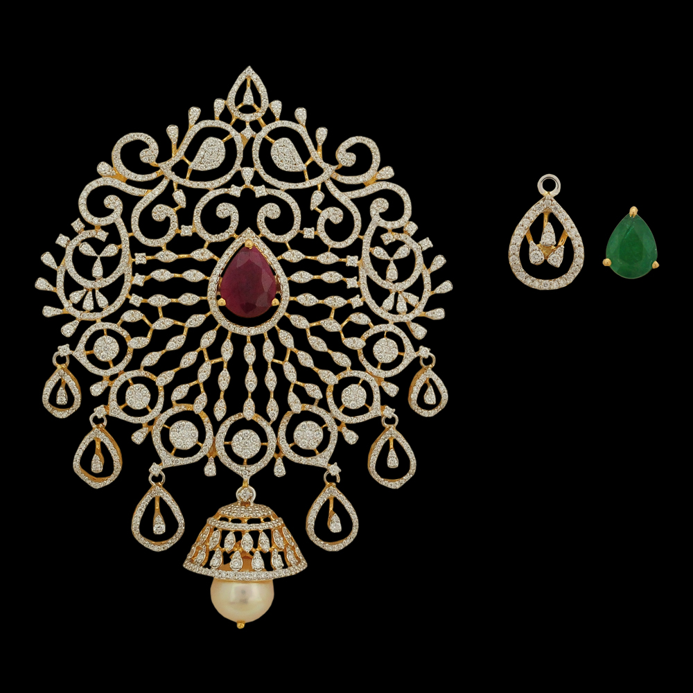 Natural Changeble Ruby/Emerald and Diamond Pendant with Pearl Drops