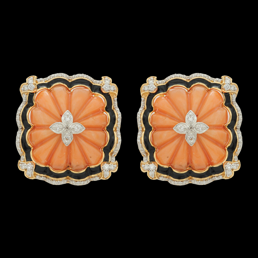 Coral Earrings Made of EVVS Diamonds and 18K Gold