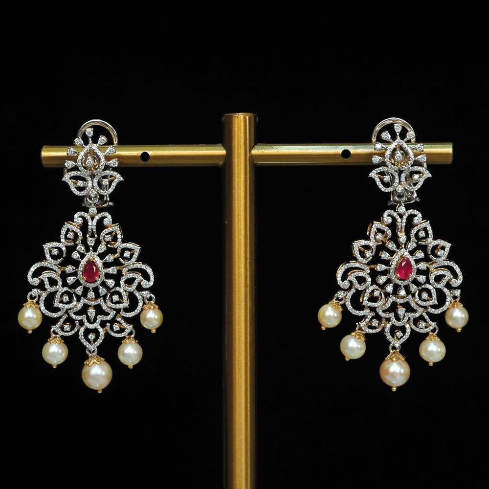 Diamond Earrings with changeable Natural Emeralds/Rubies and Pearl Drops.