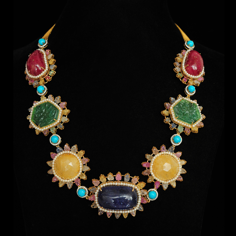 Diamond Necklace with Natural Emeralds/Rubies, Yellow Sapphires, Tanzanite, Turquoise and Pearls