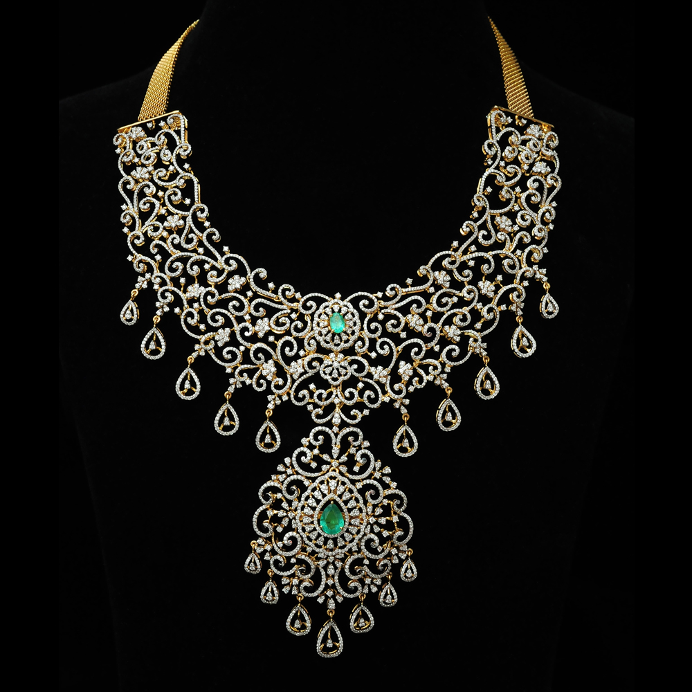 3-in-1 Bridal Diamond Necklace and Pendant with changeble Natural Emeralds/Rubies