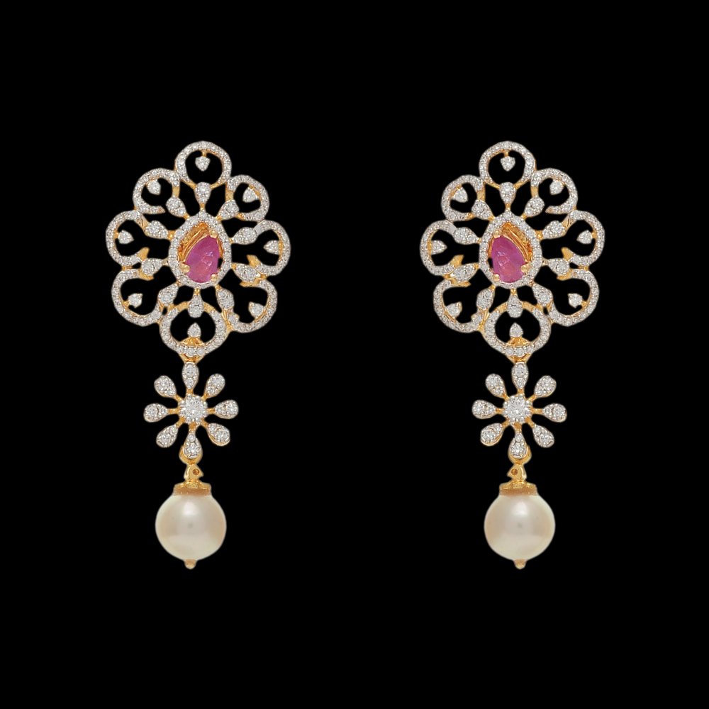 2-in-1 natural ruby/emerald and diamond earrings with pearl drops