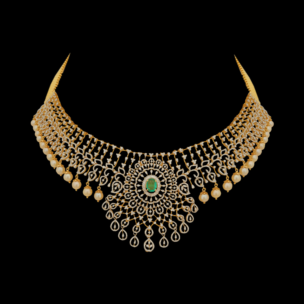 3-in-1 Diamond Choker with Changeable Natural Emerald/Ruby and Pearl Drops