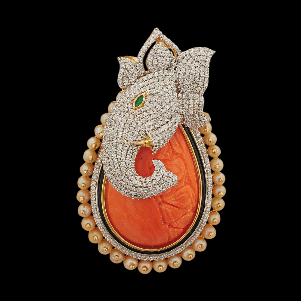 Coral, Pearl & Diamond Ganesha Pendant