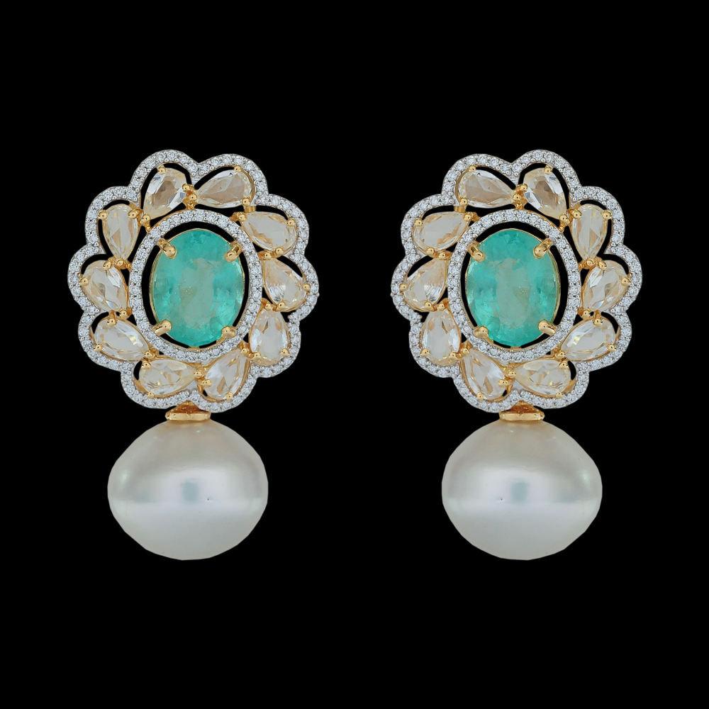 Designer Diamond Earrings with Natural Emeralds, Sapphires and Pearl Drops