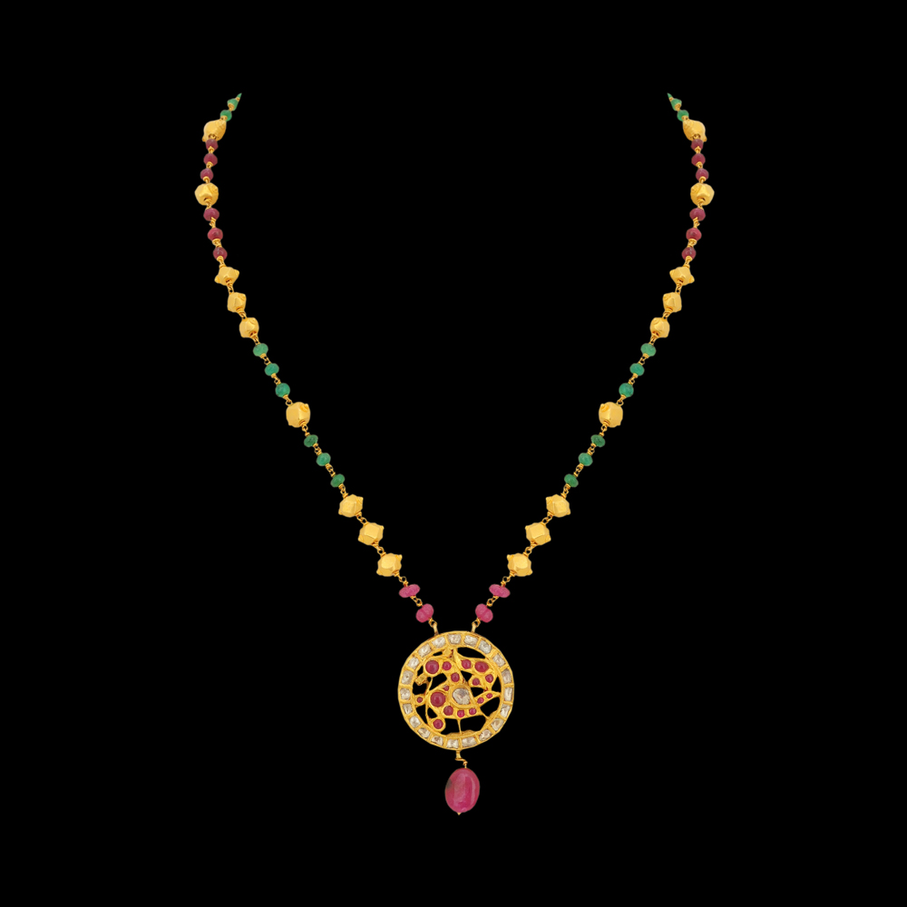 Natural Carved Emerald, Ruby and Diamond Necklace