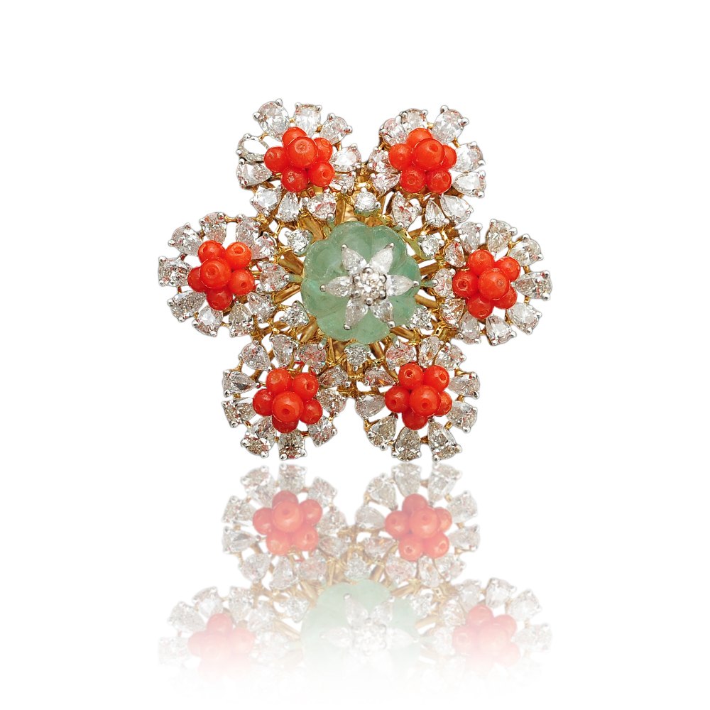 Coral Emerald Diamond Ring