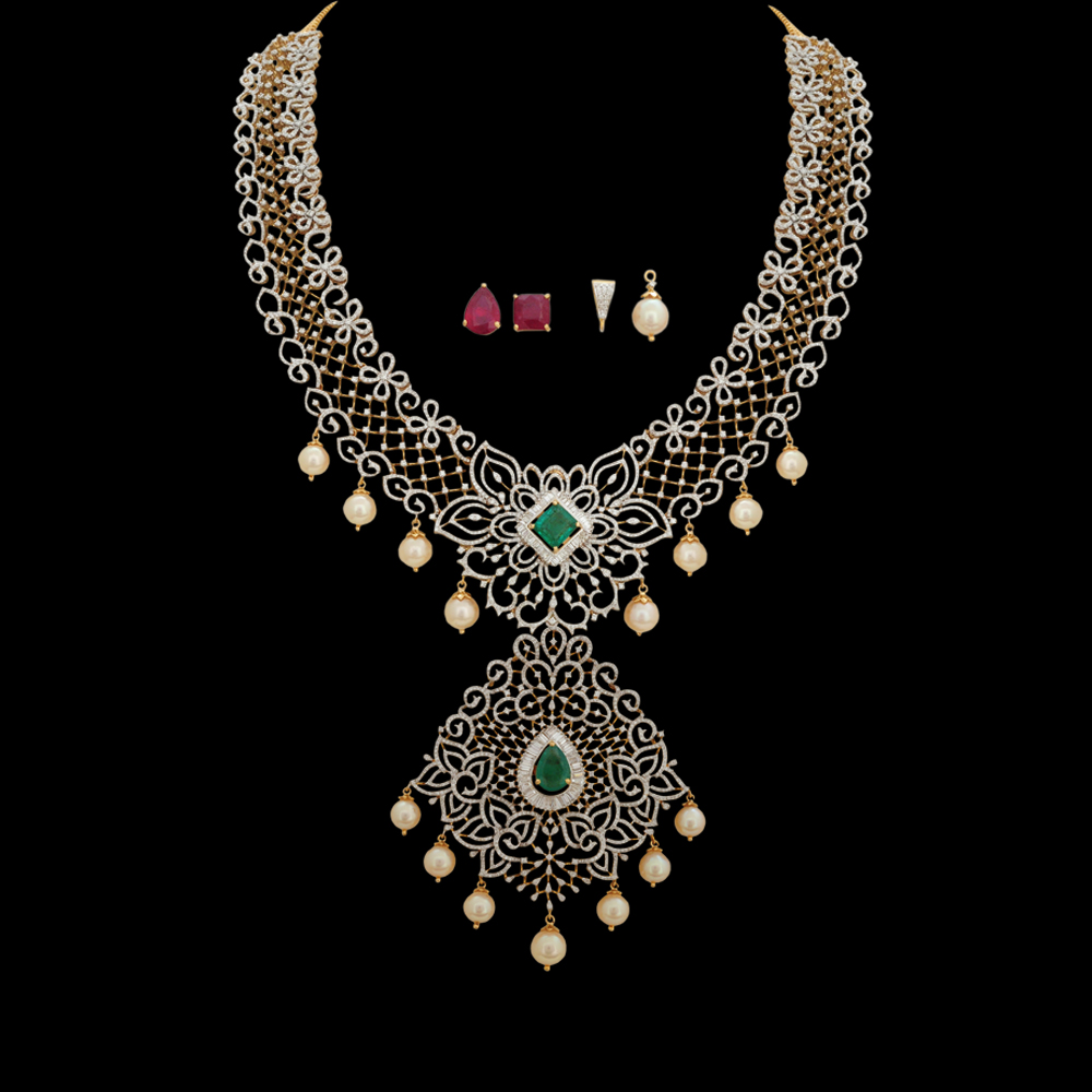 3-in-1 Natural Emerald/Ruby and Diamond Necklace and Pendant with Pearl Drops