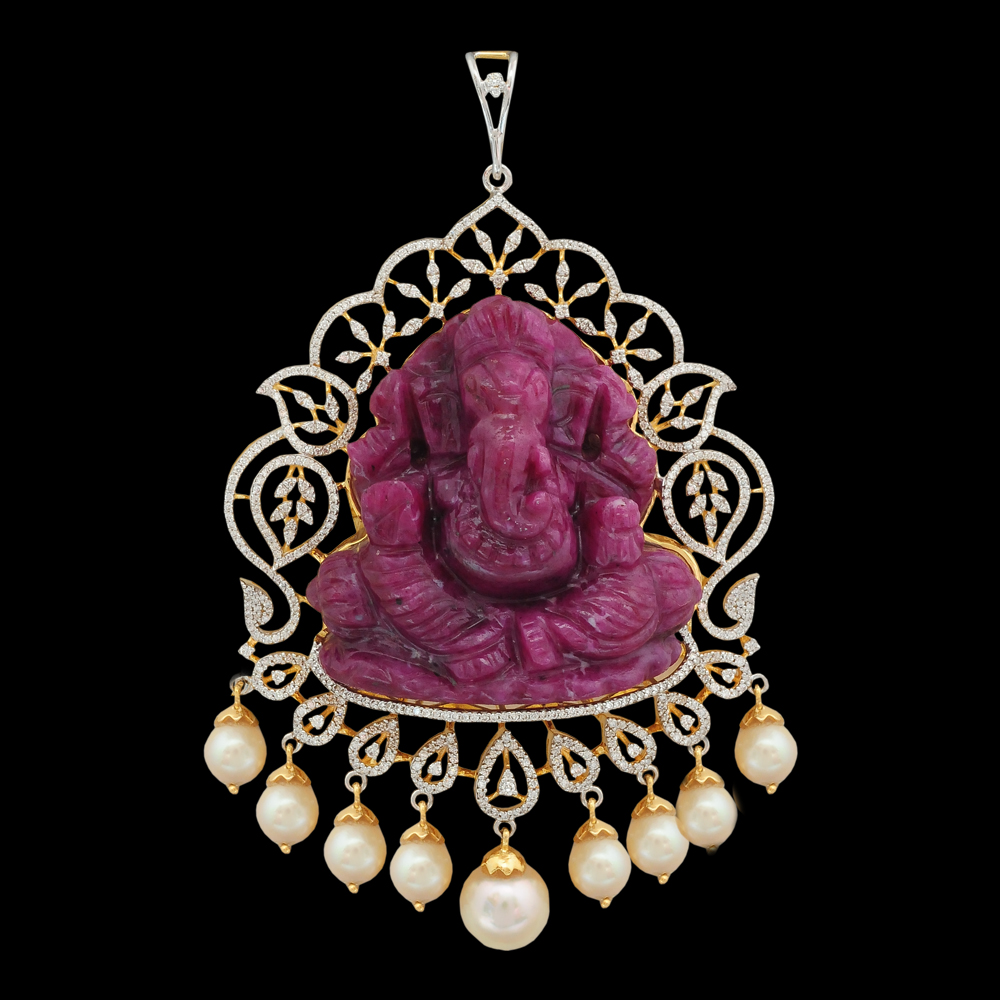 4-in-1 Changeable Ruby and Diamond Necklace with Carved Ganesh Pendant