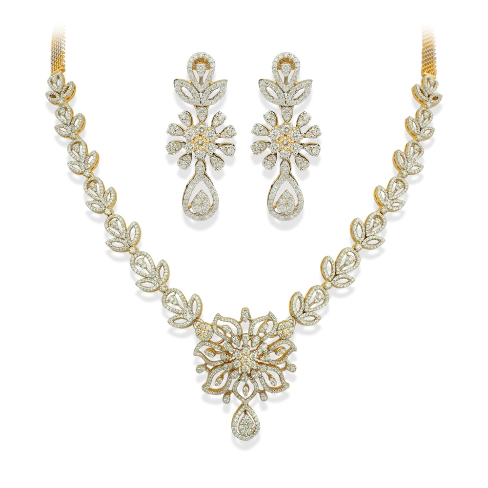 Floral Motif Diamond Necklace Earrings Set