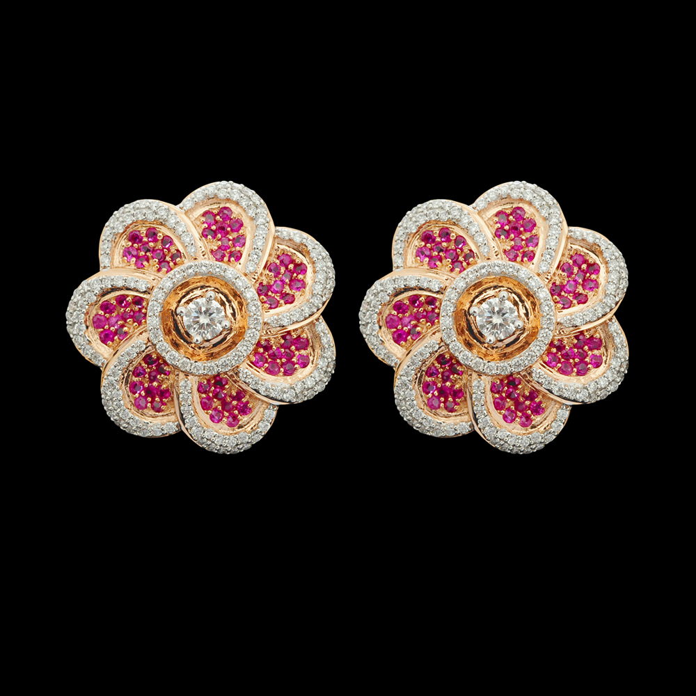 Floral Micropave Ruby Diamond Earrings