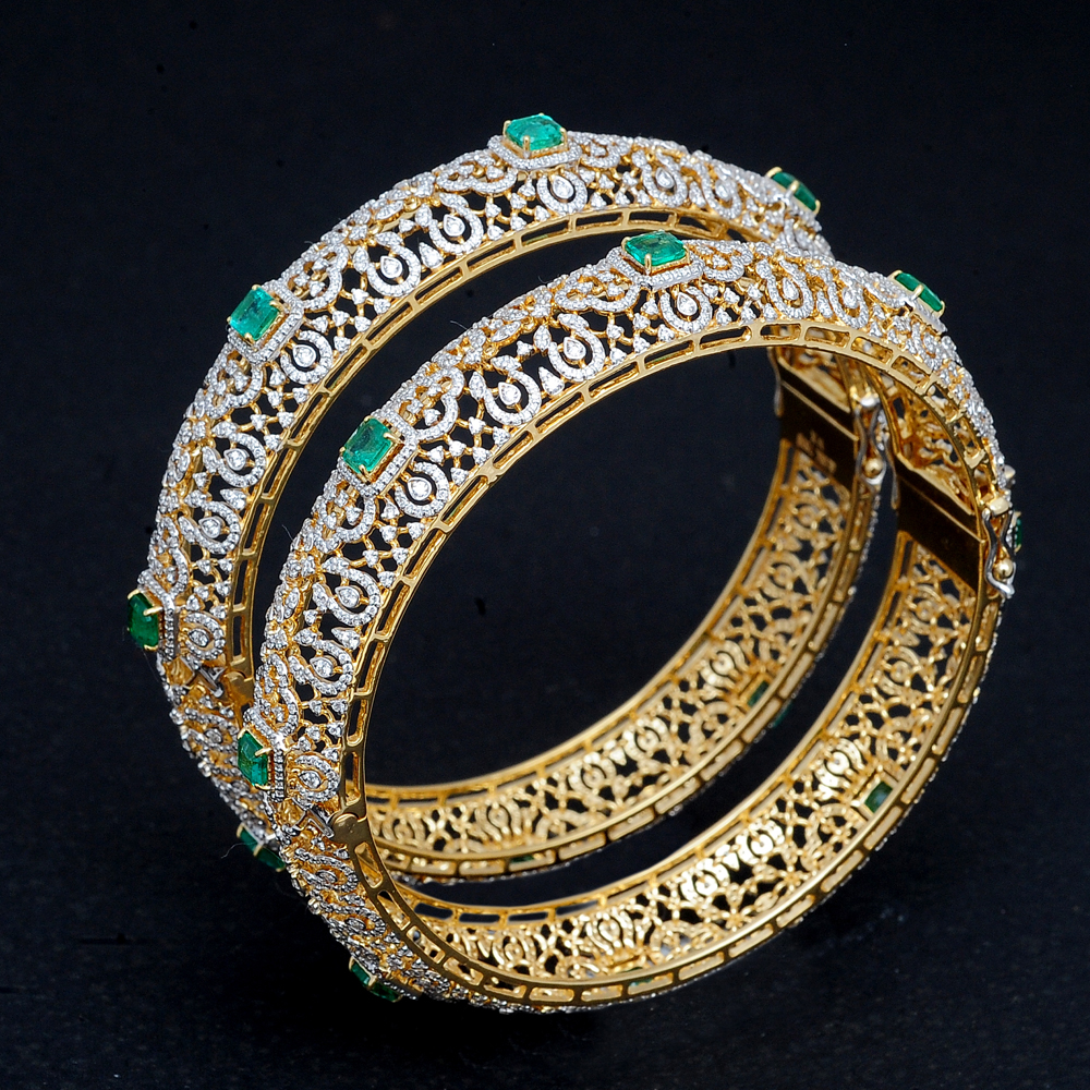 Bridal Diamond Kadha Bangles with Natural Emeralds