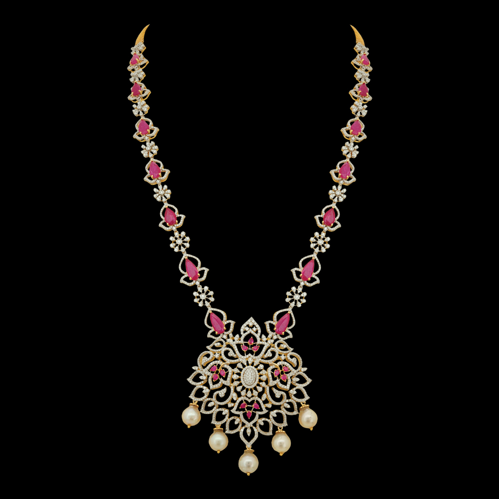2-in-1 Natural Ruby and Diamond Necklace and Pendant with Pearl Drops