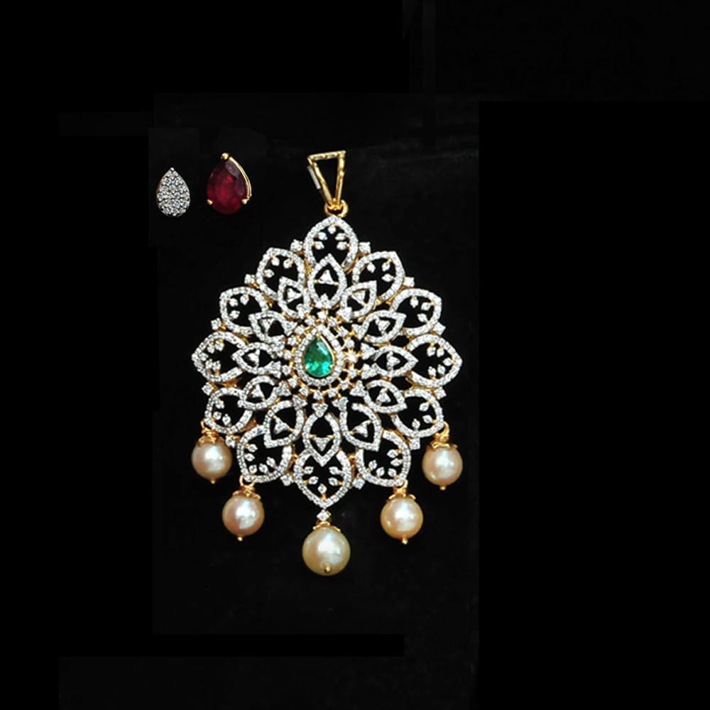 Diamond Pendant with changeable Natural Emeralds/Rubies and Pearl Drops.