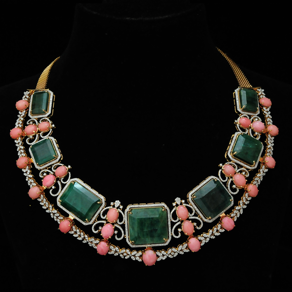 3 In 1 Diamond Necklace with Natural Emeralds and Corals