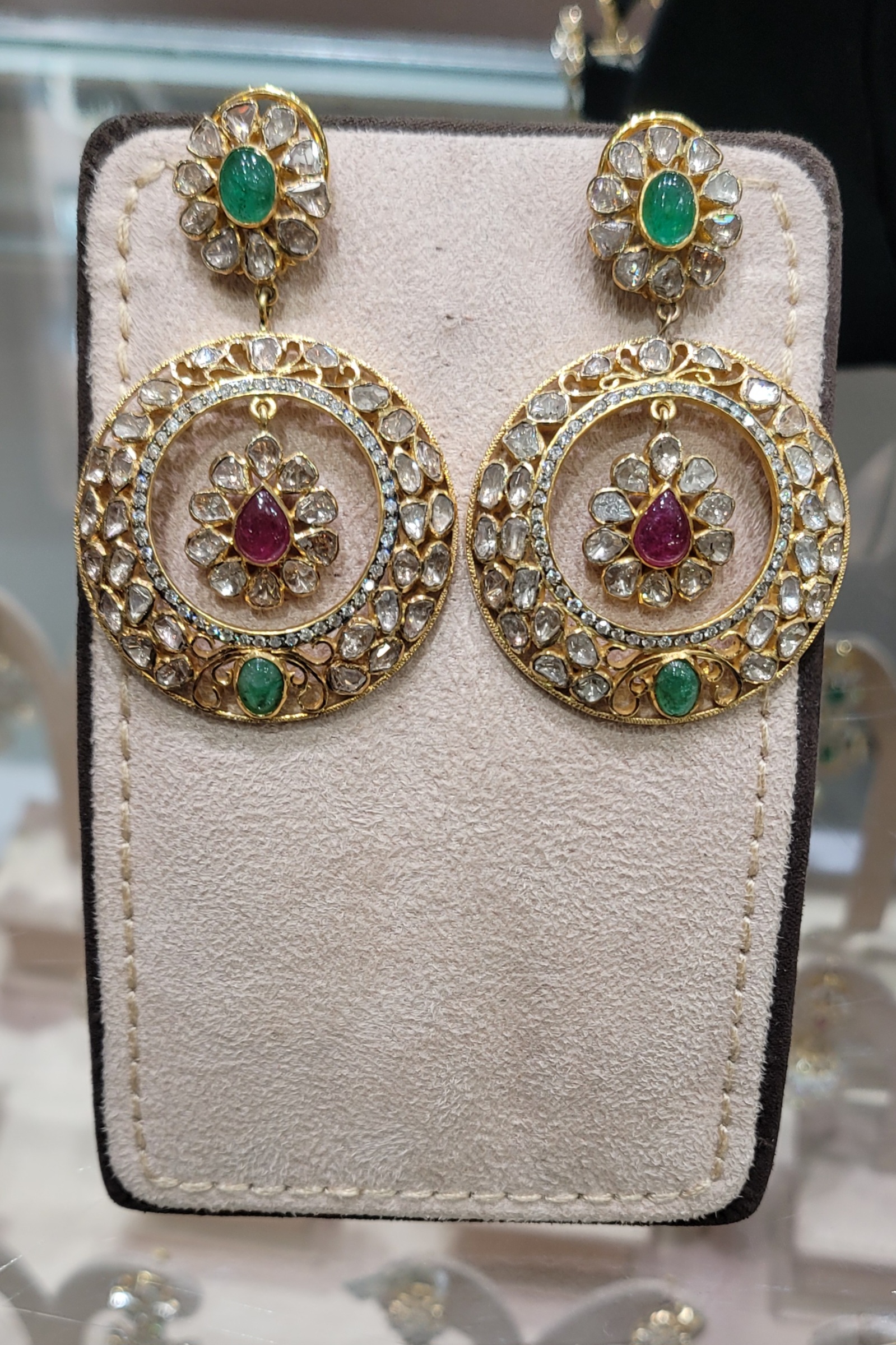 Temple Gold Earrings with Natural Emeralds/Rubies.
