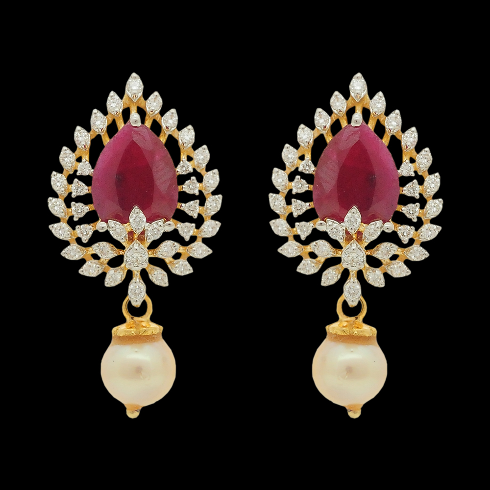 Natural Carved Ruby and Diamond Earrings with Pearl Drops
