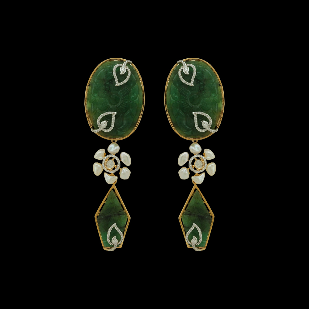 Natural Carved Emerald, Sapphire, Pearls and Diamond Earrings