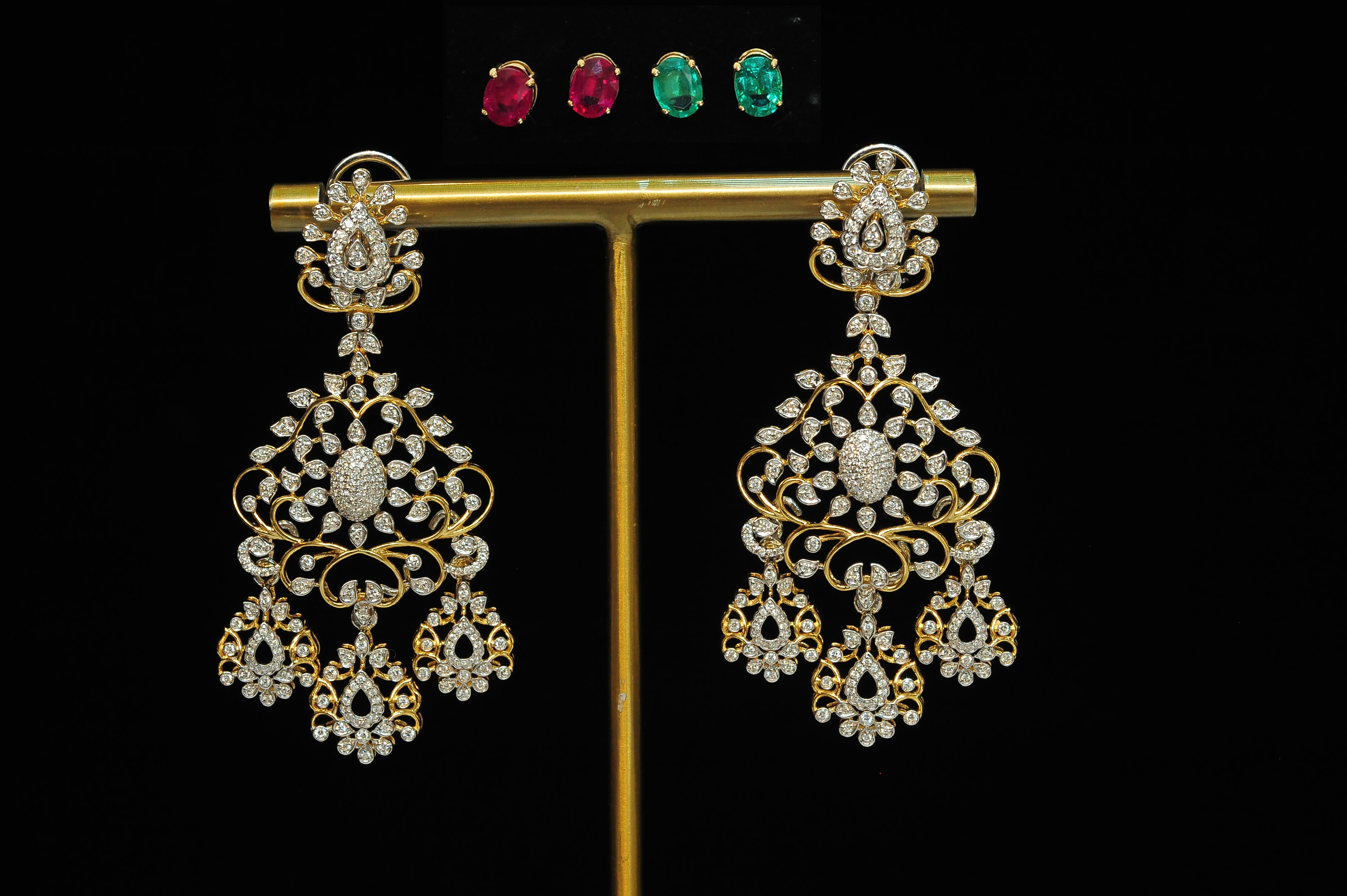 Diamond Earrings with changeable Natural Emeralds/Rubies.