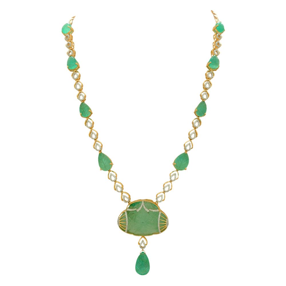 Natural Carved Emerald and  Diamond Necklace