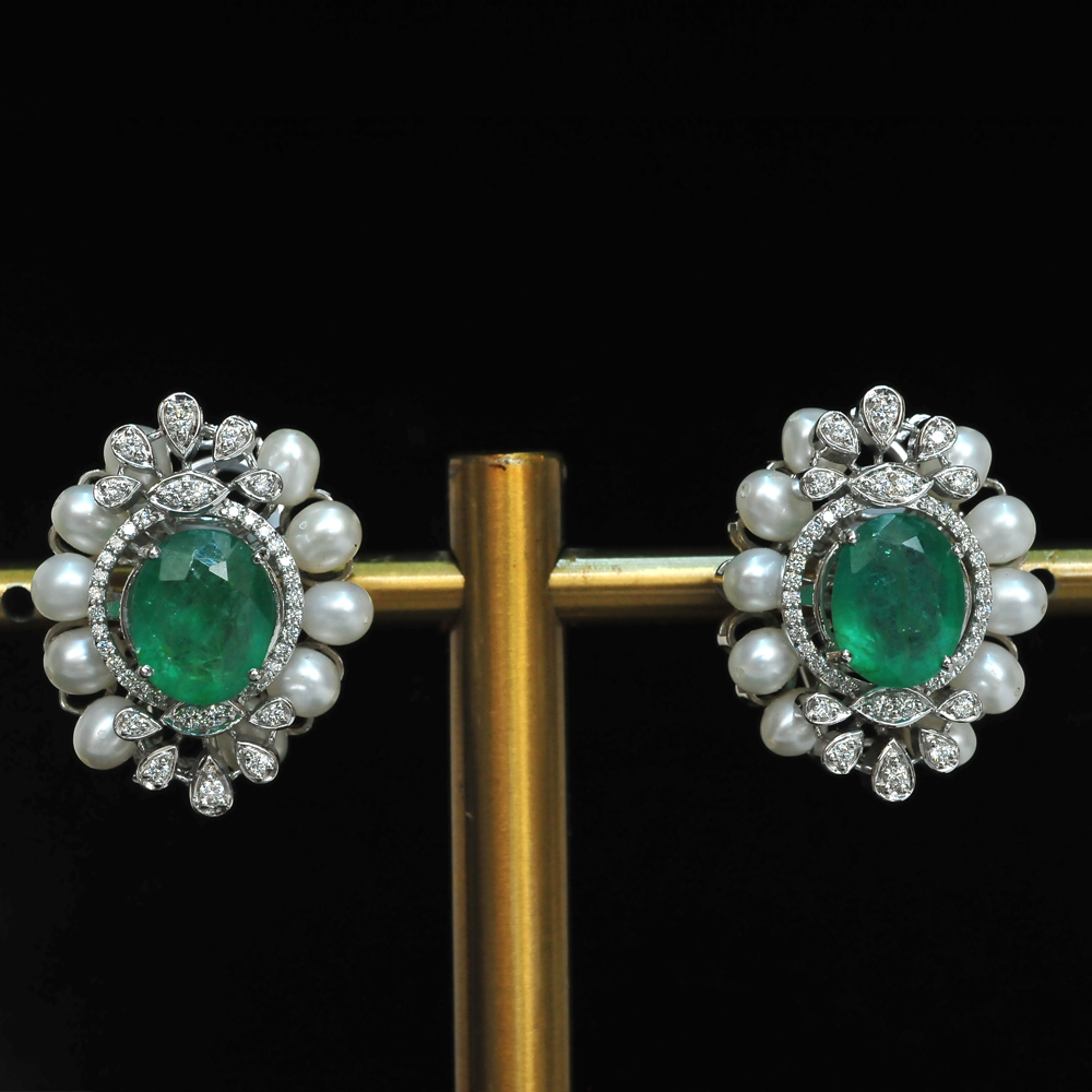 Diamond Studs with Natural Emeralds and Pearls.