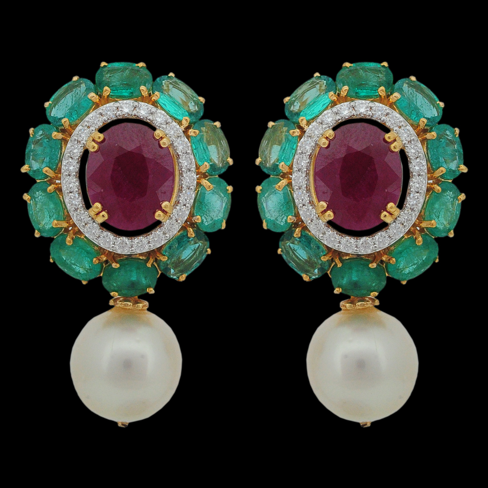 Diamond Earrings with Natural Rubies, Emeralds and Pearl Drops