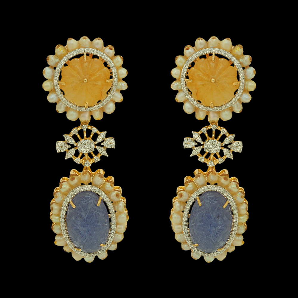 Diamond Earrings with Carved Natural Tanzanite and Sapphires with Pearls.