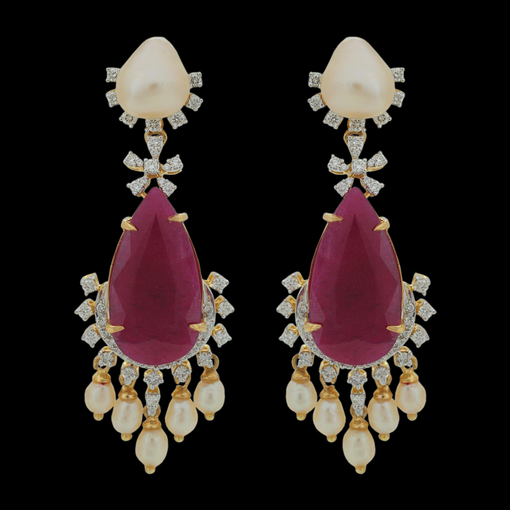 Diamond Earrings with Natural Rubies and Pearl Drops