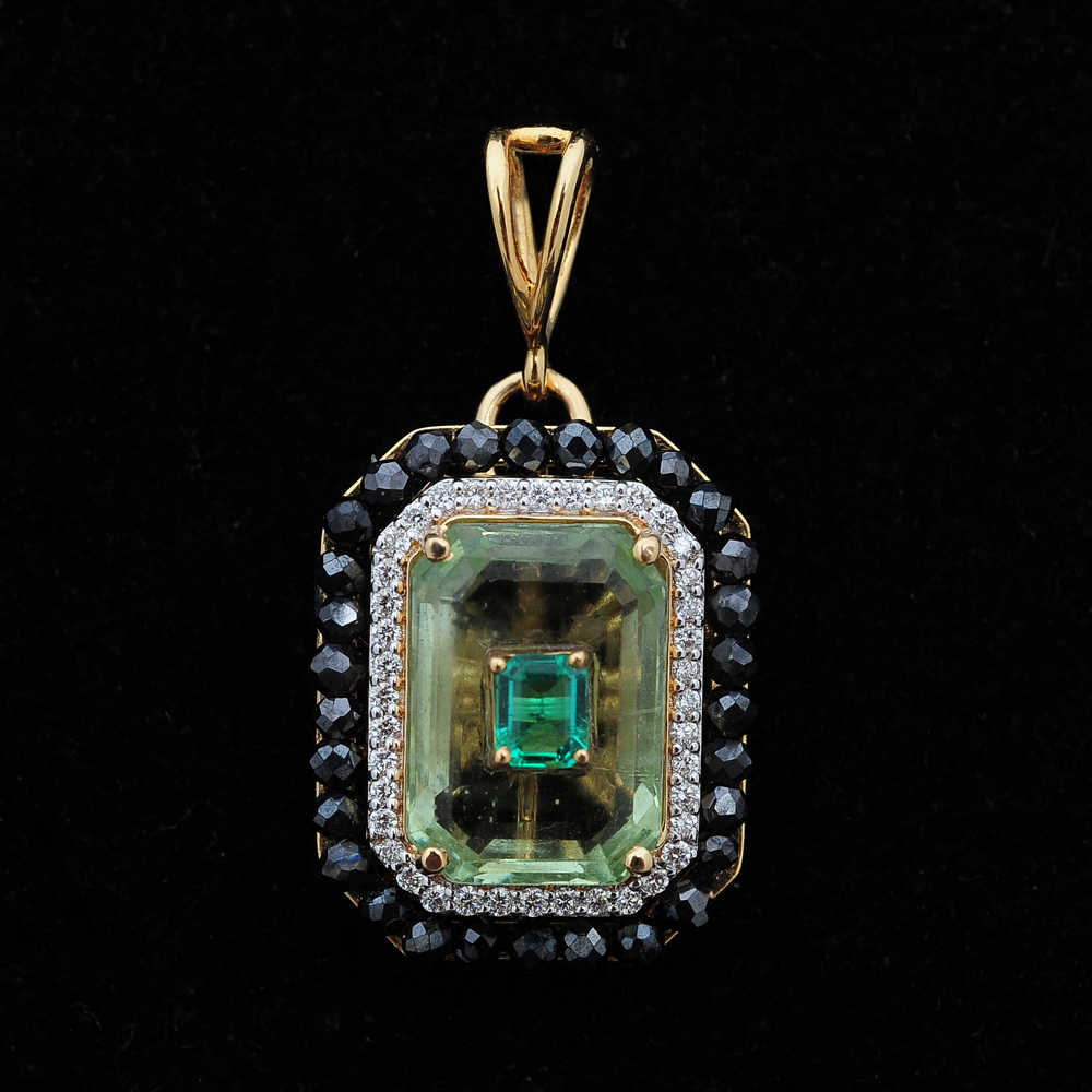 2-in-1 Diamond Pendant and Ring with Natural Aquamarine, Emeralds and Black Beads