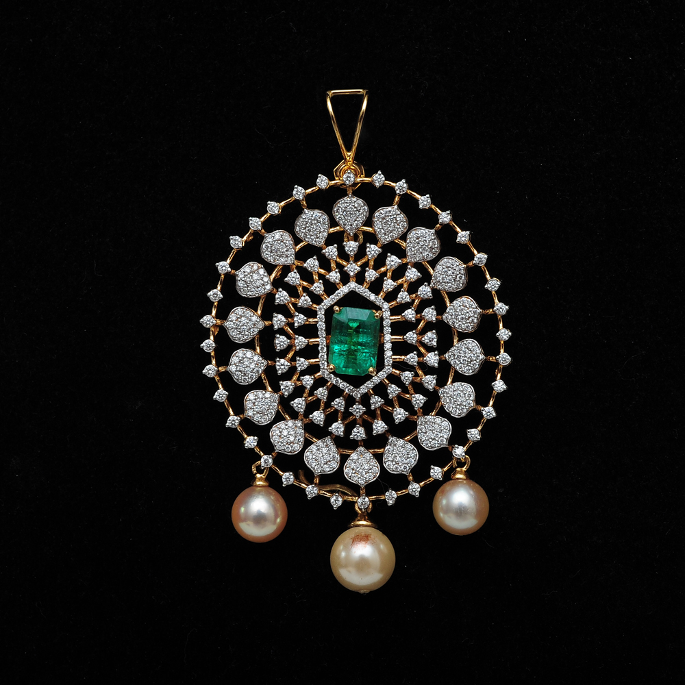 4-in-1 Bridal Diamond Necklace and Pendant with changeable Natural Emeralds/Rubies and detachable Pearl Drops
