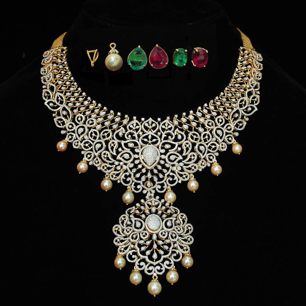 3 In 1 Diamond Choker Necklace and Pendant with changeable Natural Emeralds/Rubies and Pearl Drops