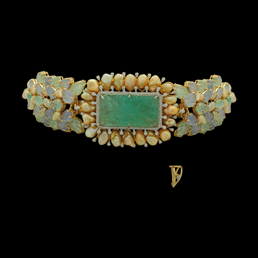 2-in-1 Natural Carved Emerald, Sapphire, Pearls and Diamond Choker and Pendant