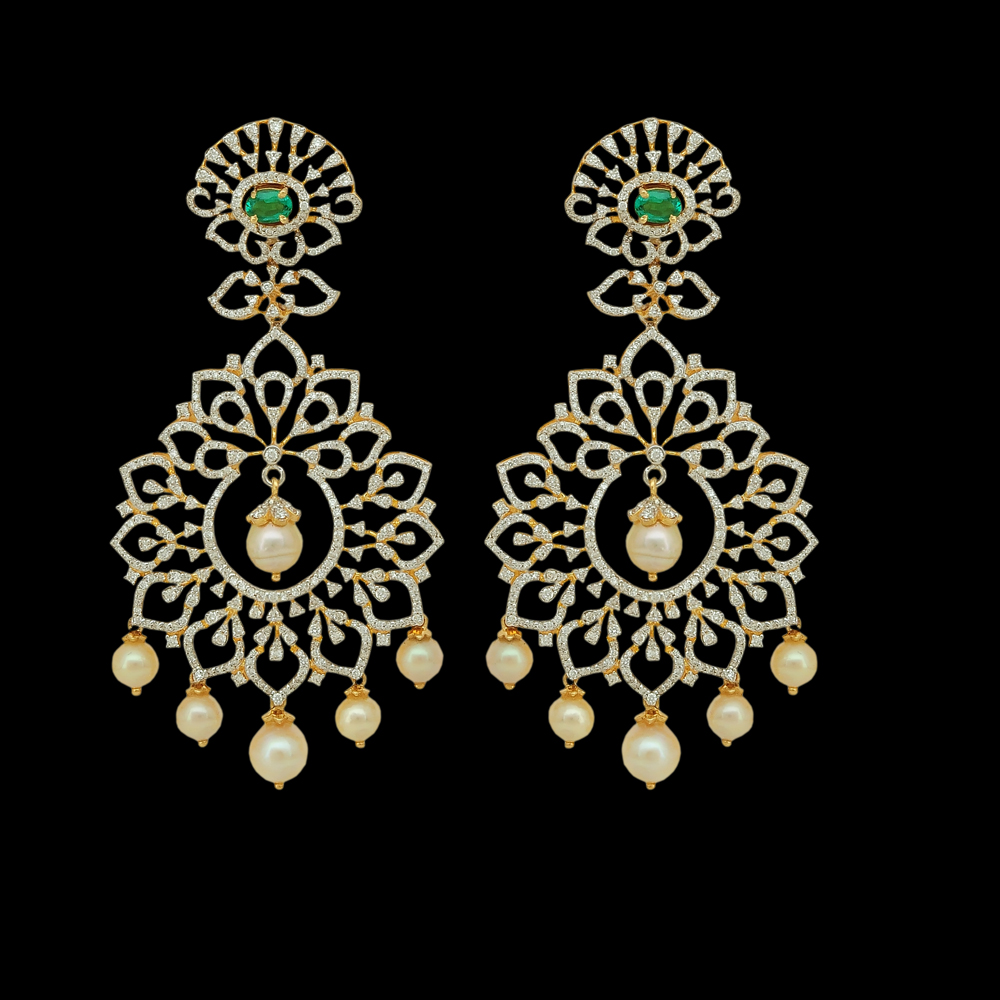 Natural Emerald/Ruby and Diamond Earrings with Pearl drops and changeable center piece